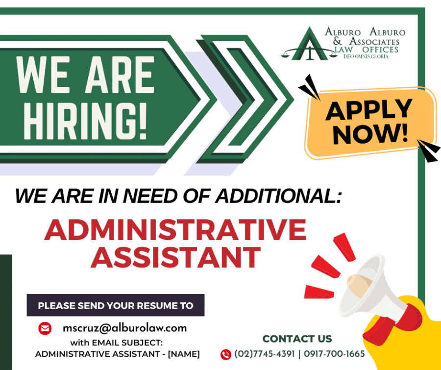 A digital recruitment flyer for Alburo Alburo & Associates Law Offices, announcing a job opening for an Administrative Assistant with contact and application submission instructions.