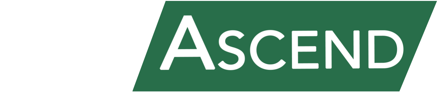 A graphic featuring the word "ASCEND" in white sans-serif font against a medium emerald green slanted banner.