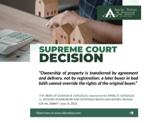 The Supreme Court Decides:  Ownership of property is transferred by agreement and delivery, not by registration; a later buyer in bad faith cannot override the rights of the original buyer.