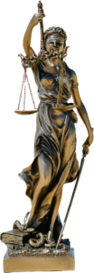 A bronze statue of Lady Justice (Themis) wearing a blindfold, holding the scales of justice and a sword.
