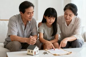 n older couple and a young girl sitting on a couch discussing inheritance documents and a small house model.