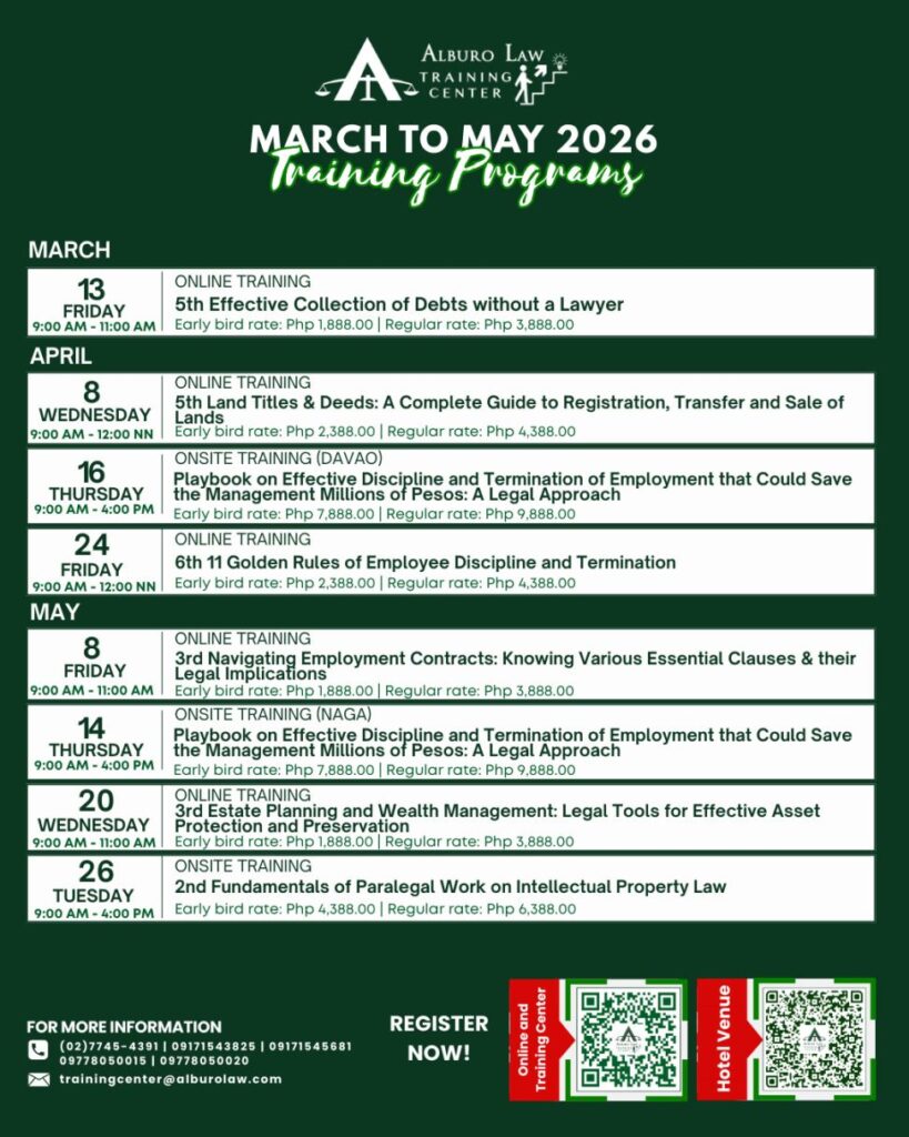 Alburo Law Training Center Schedule of Training Programs for March to May 2026
