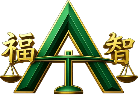 A 3D metallic logo featuring a large emerald green and gold letter A intersected by a balanced scale of justice.