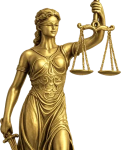 A gold-colored Lady Justice statue holding the scales and a sword, cropped to show the upper torso and head.