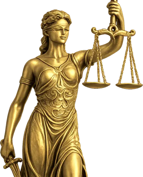 A gold-colored Lady Justice statue holding the scales and a sword, cropped to show the upper torso and head.