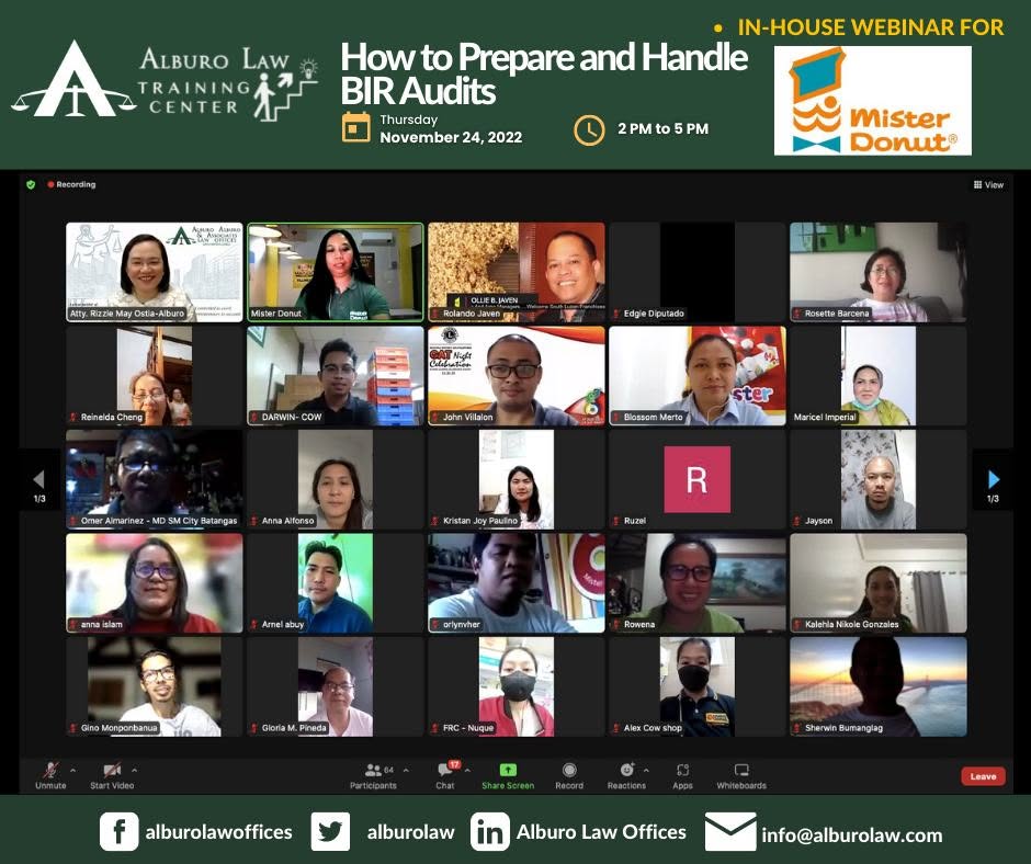 Alburo Law Training Center in-house webinar on preparing for and handling BIR tax audits, held via Zoom