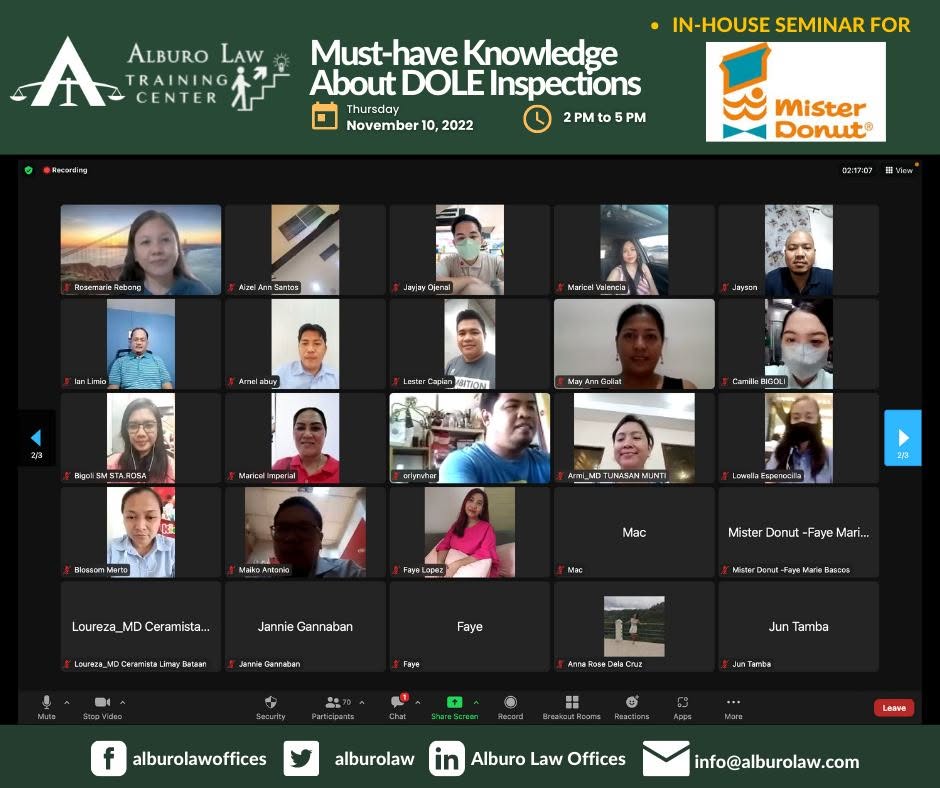 Alburo Law Training Center in-house webinar on DOLE labor inspections for a food service company, held via Zoom