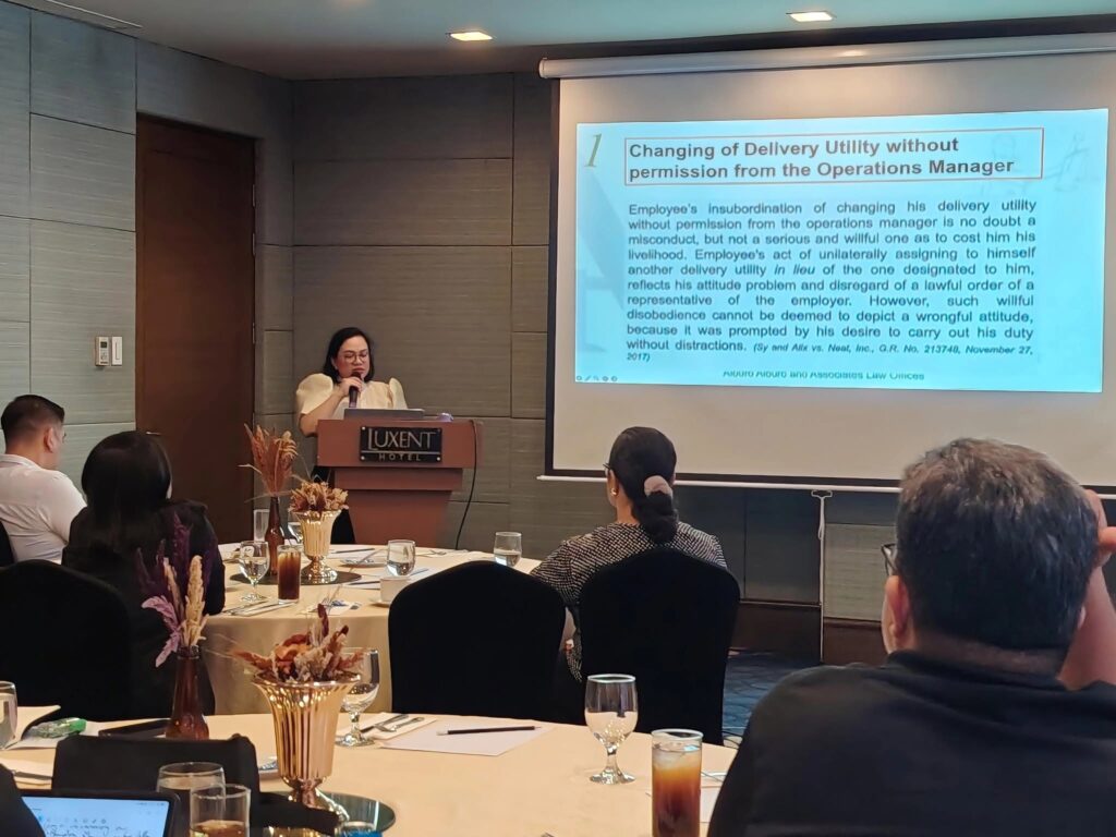 Atty. Rizzle May R. Ostia-Alburo speaking on employee discipline and termination at the 11th HR Compliance Conference, Luxent Hotel